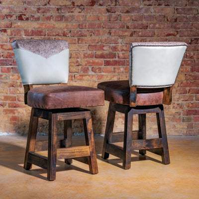 Caldera Yoke Bar Stool – Western armless bar stool in chocolate top-grain leather with tooled yoke back, handcrafted in Texas