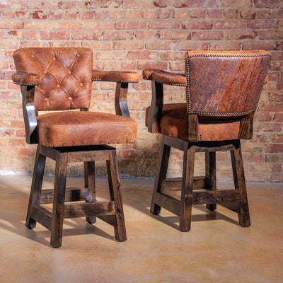 Sierra Forge Bar Stool – rustic leather bar stool with tufted backrest and rough-cut finish