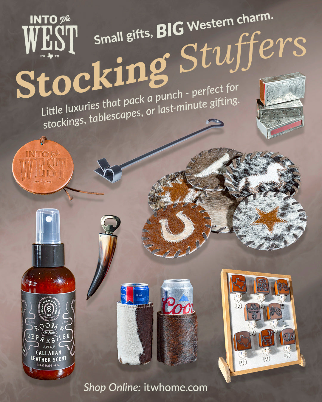 Western stocking stuffers featuring handcrafted silver, leather, and rustic home accents.