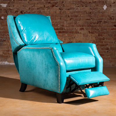 Western turquoise leather recliner midway extended with footrest