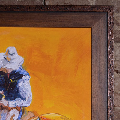 Sunfire Vaquero Framed Western Cowboy Wall Art western wall art close-up with nailhead wood frame, textured brushwork, and bold color