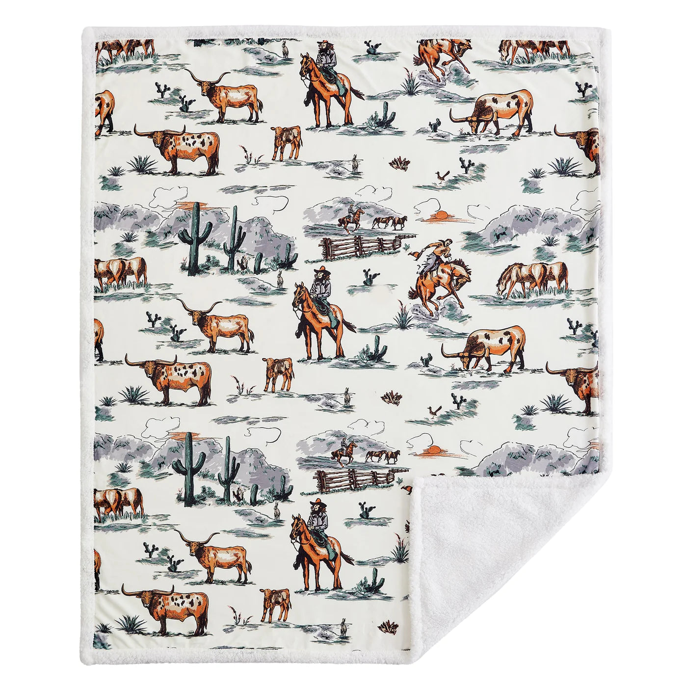 Stay warm with the Western Toile Campfire Throw. Its stylish Western-inspired design features scenes from the west, a plush sherpa reverse, and easy-care lightweight fabric ideal for any occasion. Wrap yourself in cozy comfort that won't break the bank.