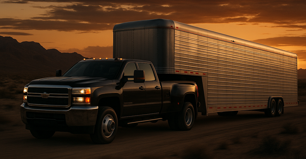 Truck with trailer providing nationwide white-glove delivery of luxury Western furniture.